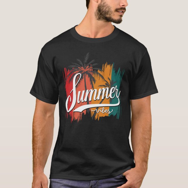 Camiseta Summer Vibes Retro Sunset e Palmeiras Masculinas (Frente)