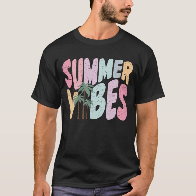 Camiseta Summer Vibes Retro Tropical de Palma de Verão (Frente)