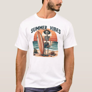 Camiseta Summer Vibes Skeleton Surfer Sunset Beach Design