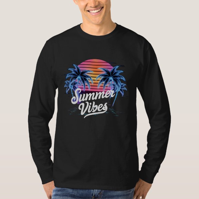 Camiseta Summer Vibes Synthwave T-Shirt - Neon Palm Tree (Frente)