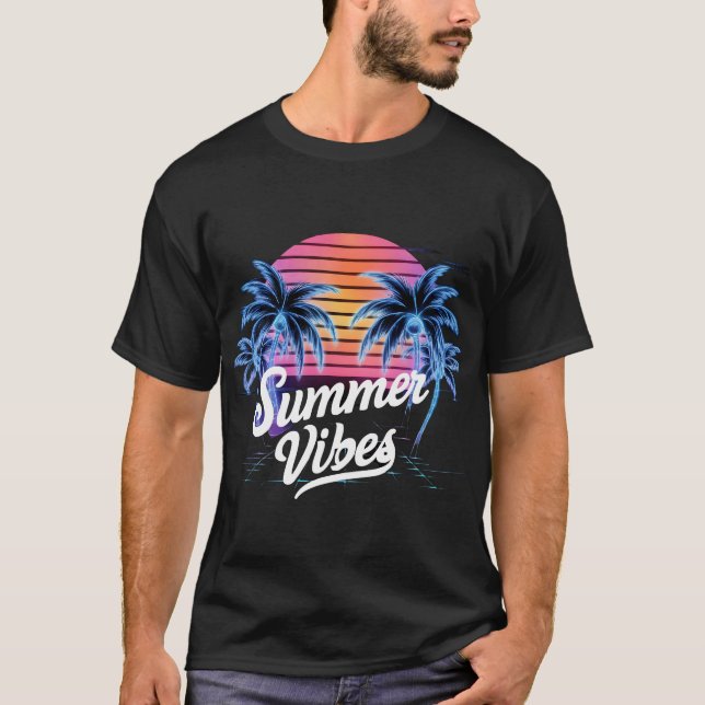 Camiseta Summer Vibes Synthwave T-Shirt - Neon Palm Tree (Frente)