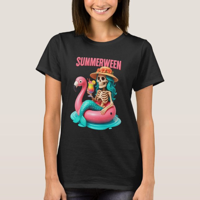 Camiseta Summerentre Mermaid Skeleton Beach Flamingo Hallow (Frente)