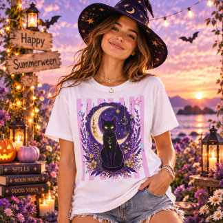 Camiseta Summerween Celestial Gata Preta Floral Mágica Lua