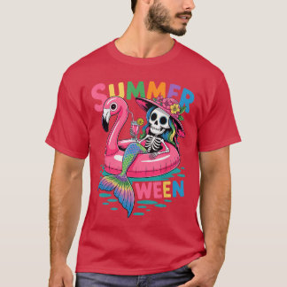 Camiseta Summerween Mermaid Skeleton Beach Flamingo Hallowe