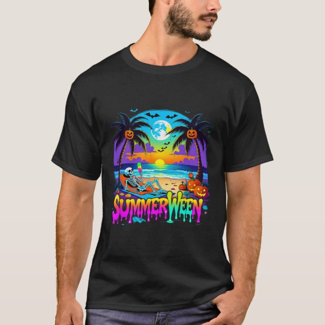 Camiseta Summerween Skeleton Ghost Beach Funny Spooky Hallo (Frente)