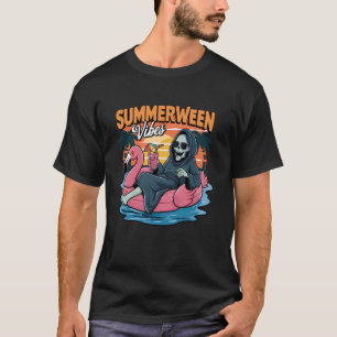Camiseta Summerween Vibes Skeleton Flamingo Float Summer Ha