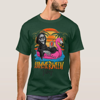 Camiseta Summerween Vibes Skeleton Flamingo Spooky Hallowee