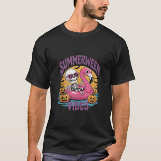 Camiseta Summerween Vibes Skeleton Flamingo Spooky Hallowee
