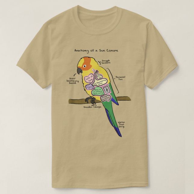 Camiseta Sun Conure Engraçada Anatomia do papagaio de uma c (Frente do Design)