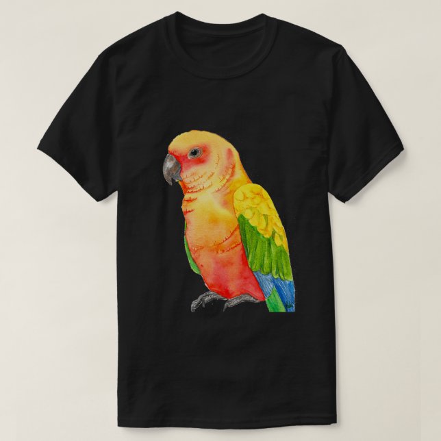 Camiseta Sun Conure tropical papagaio aquarela (Frente do Design)