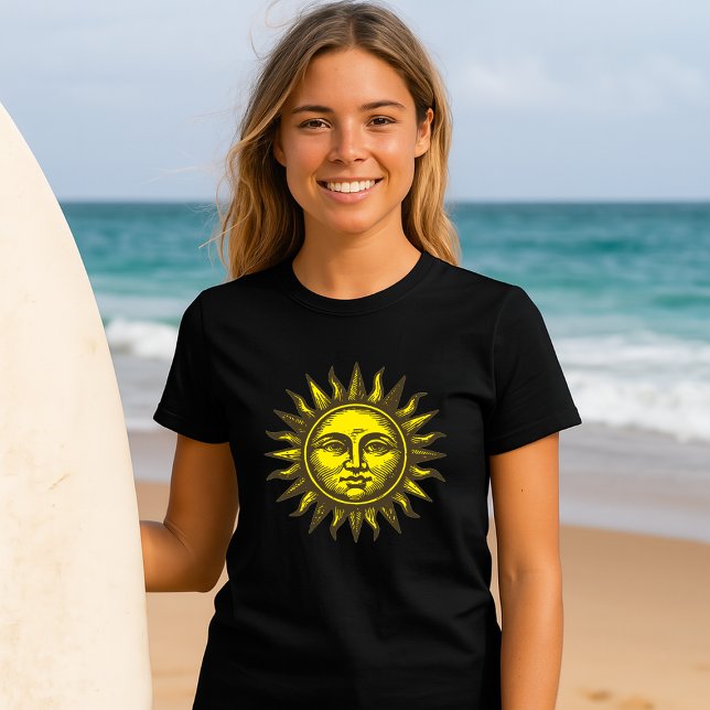 Camiseta Sun Face Celestial Art Retro Woodcut Style (Criador carregado)