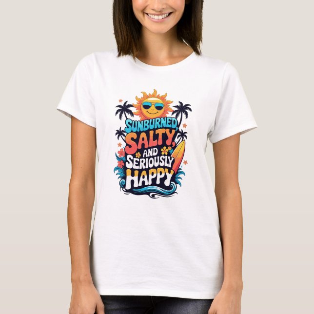 Camiseta Sunburned Salty and Happy – Retro Beach Vibes (Frente)