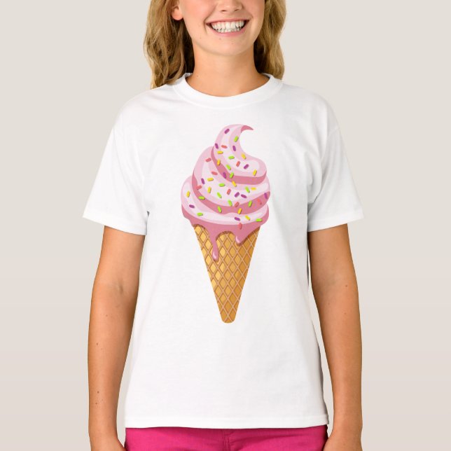 Camiseta Sundae de morango em cone de waffle com cobertura (Frente)