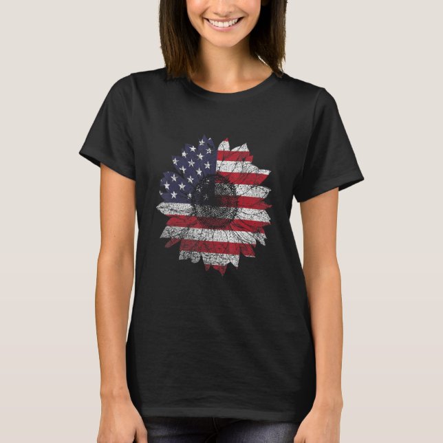 Camiseta Sunflower 4th Of July  Women American Flag Patriot (Frente)