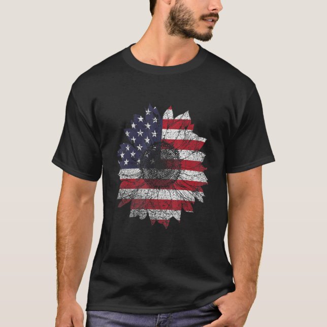 Camiseta Sunflower 4th Of July  Women American Flag Patriot (Frente)