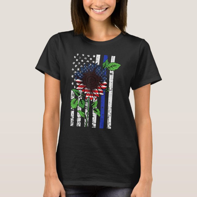 Camiseta Sunflower American Flag 4 De Julho Blue Line Usa (Frente)