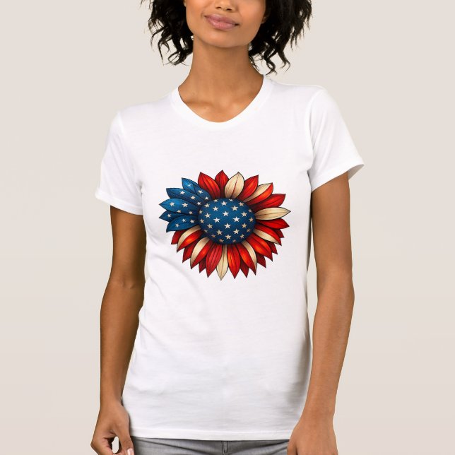Camiseta Sunflower American Flag 4 de julho Merica EUA (Frente)