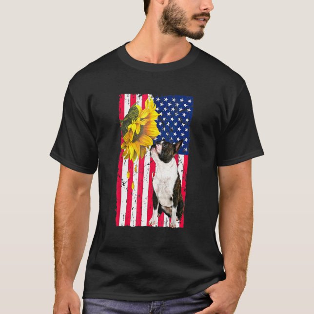 Camiseta Sunflower American Flag Boston Terrier Cog (Frente)