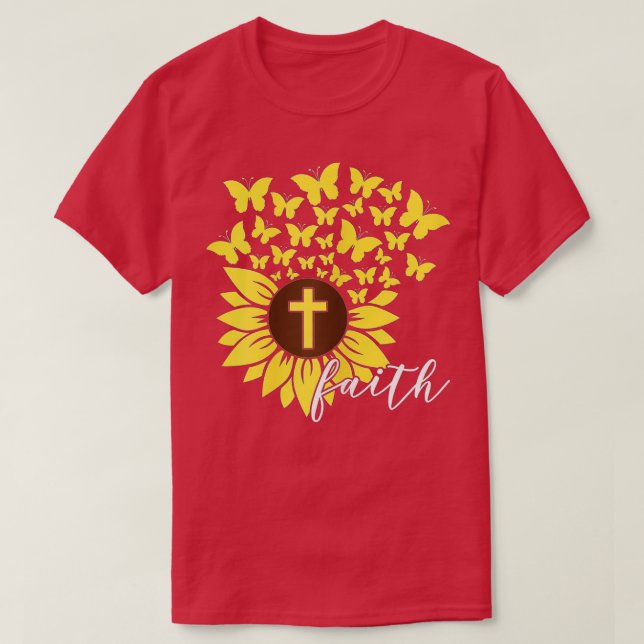 Camiseta Sunflower Faith Cruzou borboletas Religião Cristã (Frente do Design)