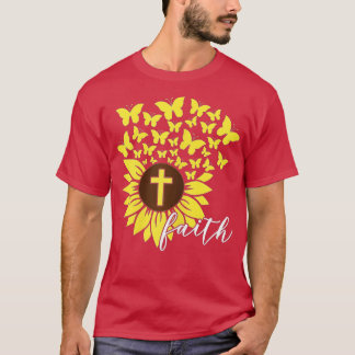 Camiseta Sunflower Faith Cruzou borboletas Religião Cristã