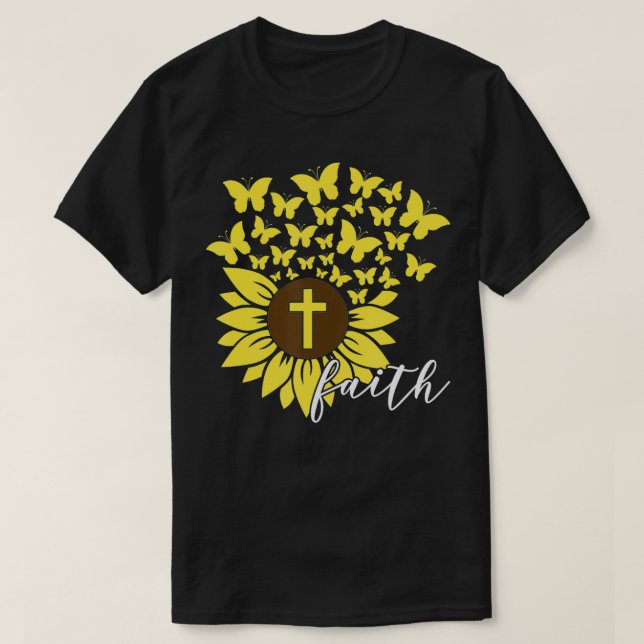 Camiseta Sunflower Faith Cruzou borboletas Religião Cristã (Frente do Design)