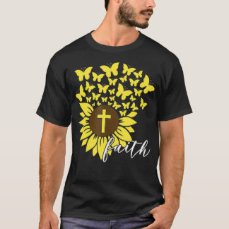 Camiseta Sunflower Faith Cruzou borboletas Religião Cristã