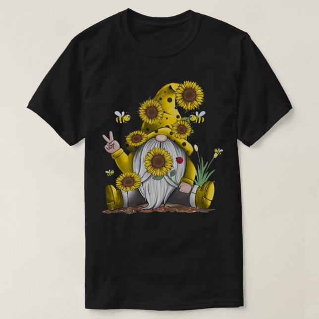 Camiseta Sunflower Gnomo com Abelha Engraçada Hippie Gnomo (Frente do Design)
