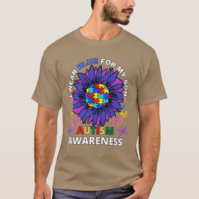 Camiseta sunflower i wear blue for my son autism awareness  (Frente)