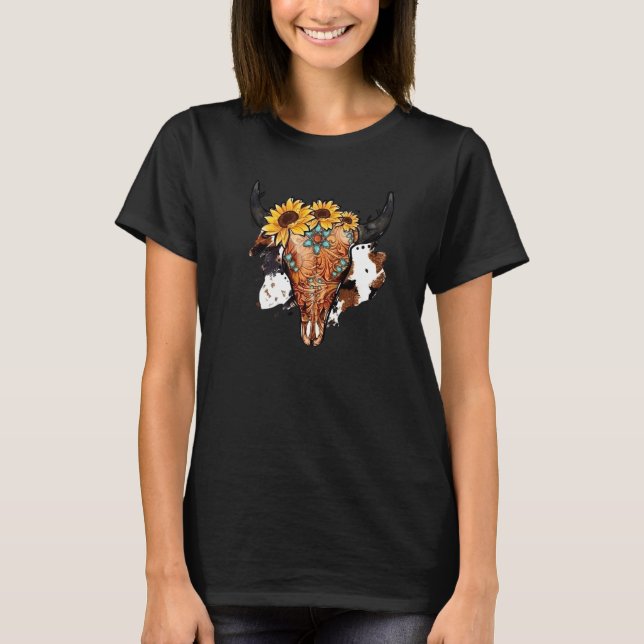 Camiseta Sunflower Turquoise Boho Bull Skull Rodeo Western  (Frente)