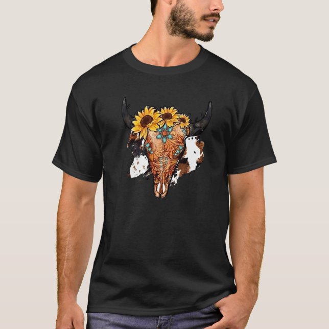 Camiseta Sunflower Turquoise Boho Bull Skull Rodeo Western  (Frente)