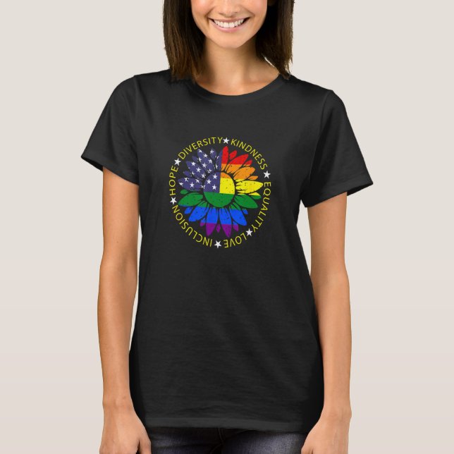 Camiseta Sunflower USA LGBTQ Pride Rainbow Flag Patriótico  (Frente)