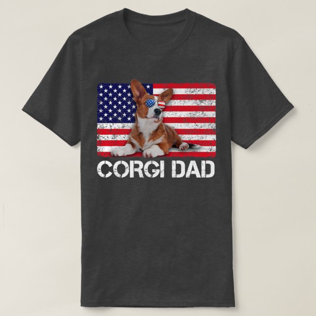 Camiseta Sunglass Corgi Pai Flag American USA Dog Lover  (Frente do Design)