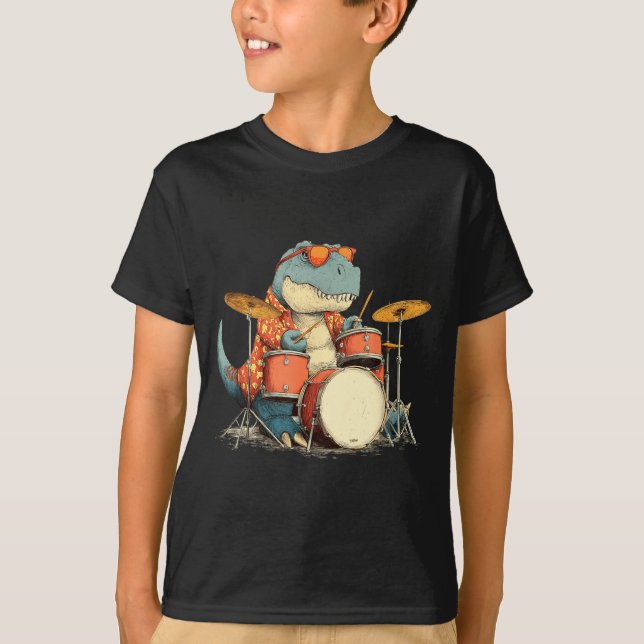 Camiseta Sungles Rockstar Dinosaur With Cool Drums Costume  (Frente)