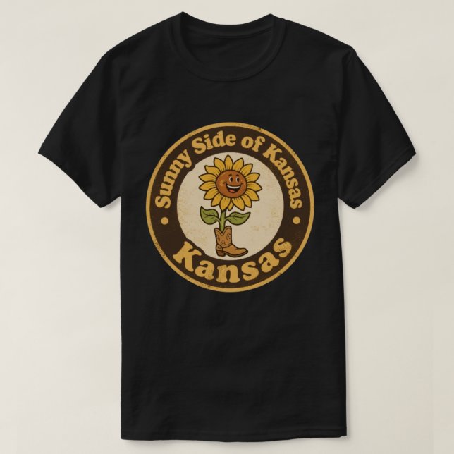 Camiseta Sunny Side de Kansas_ Sunflower com Boots Trabalho (Frente do Design)