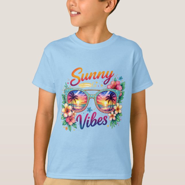 Camiseta Sunny Vibes Tropical Sunset Sunglasses Kids Basic (Frente)