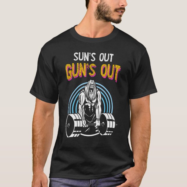 Camiseta Sun's Out Guns Out Barbell Men Women Bodybuilding (Frente)