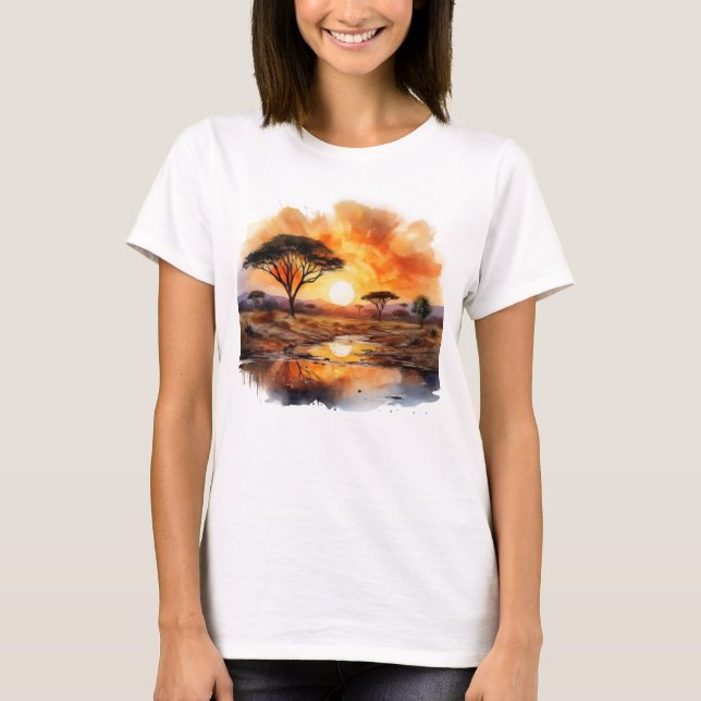 Camiseta Sunset Africano com Acácia Árvores (Frente)