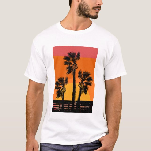 Camiseta Sunset Beach Palm Tree Felny Férias de Verão (Frente)