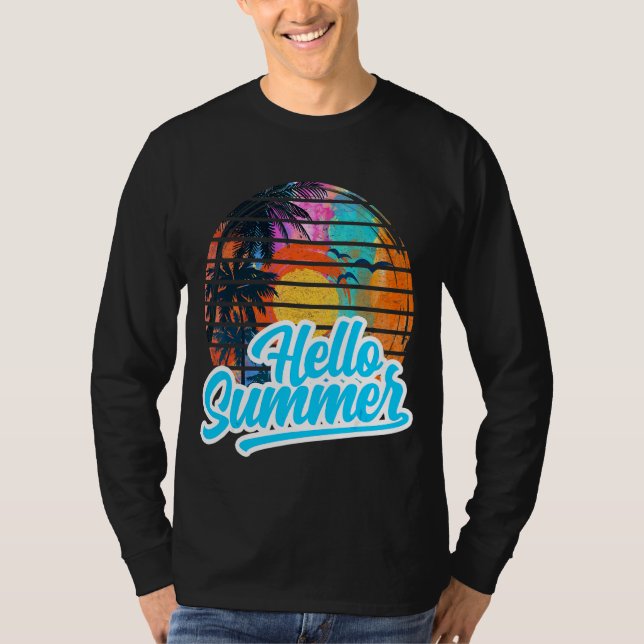 Camiseta Sunset Beach Palm Tree Hello Summer Vacin Holi (Frente)