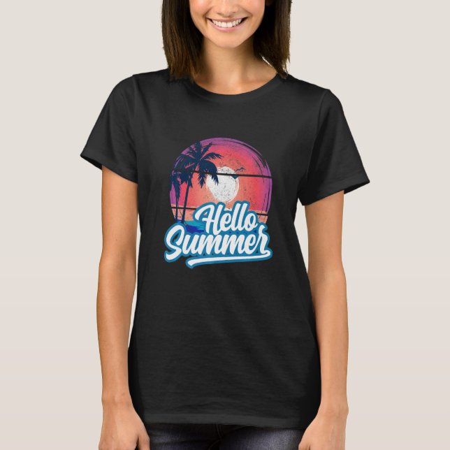 Camiseta Sunset Beach Palm Tree Hello Summer Vacin Holi (Frente)