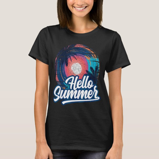 Camiseta Sunset Beach Palm Tree Hello Summer Vacin Holi (Frente)