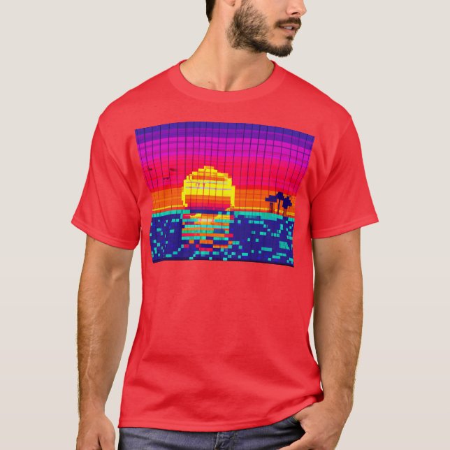 Camiseta Sunset de praia de 8 bits (Frente)
