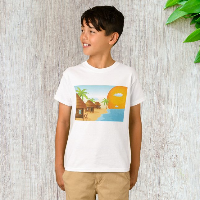 Camiseta Sunset de praia tropical com Thatch Huts (Criador carregado)