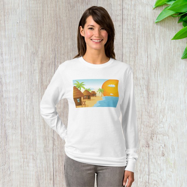 Camiseta Sunset de praia tropical com Thatch Huts (Criador carregado)