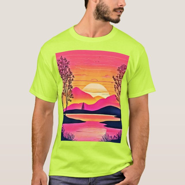 Camiseta Sunset Dourado Sobre Arte Rosa (Frente)