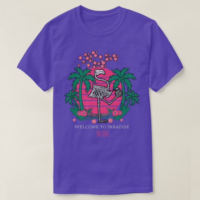 Camiseta Sunset Japan Vaporwave Kanji Skeleton Flamingo Par (Frente do Design)