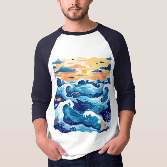 Camiseta Sunset Ocean Waves T-Shirt – Artistic Sea and Sky  (Frente)