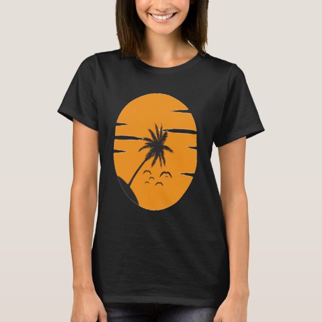 Camiseta Sunset, palmeira e praia, design simples, (Frente)