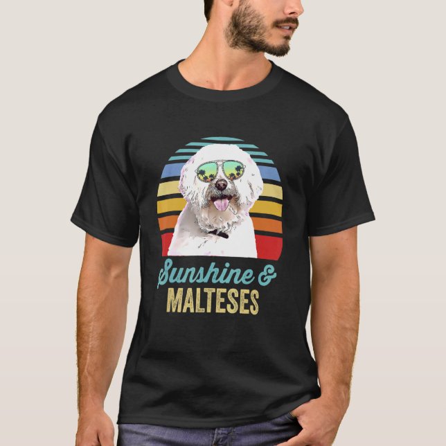 Camiseta Sunshine Malteses Dog Retro Sunset Beach Vibe (Frente)