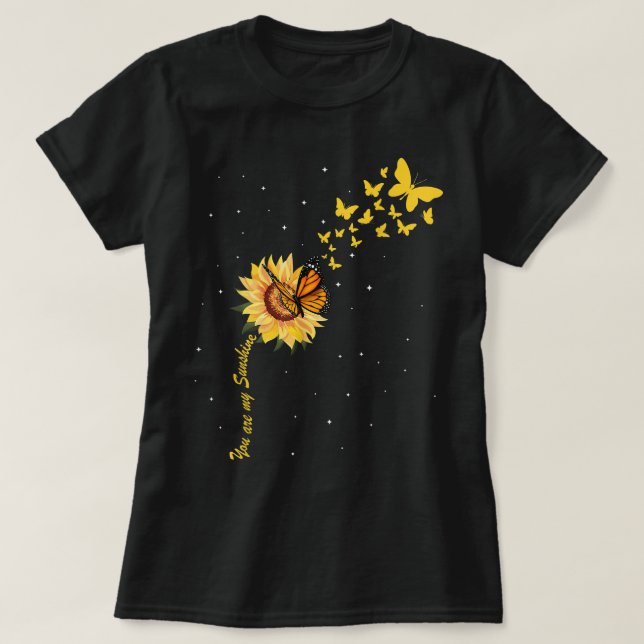 Camiseta Sunshine Vintage girassol com borboleta Monarca (Frente do Design)